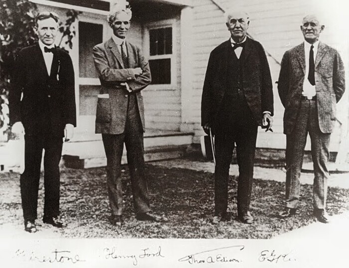 The Vagabonds 1923, L-R: Harvey Firestone, Henry Ford, Thomas Edison, and Edward G. Kingsford.