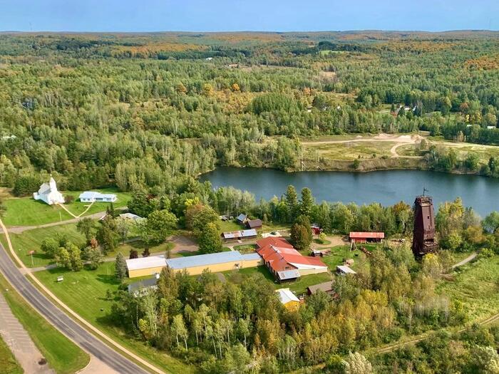 Aerial View of Iron County Historical Museum in Caspian, Michigan