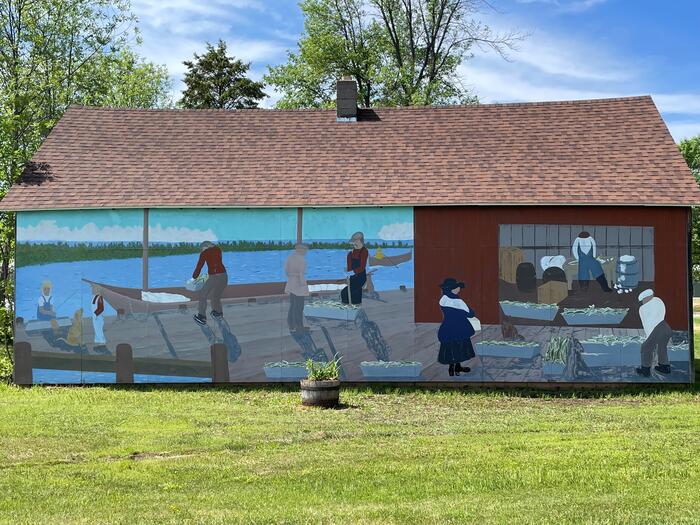 Historic fish house mural at Webber Park on Rose Island